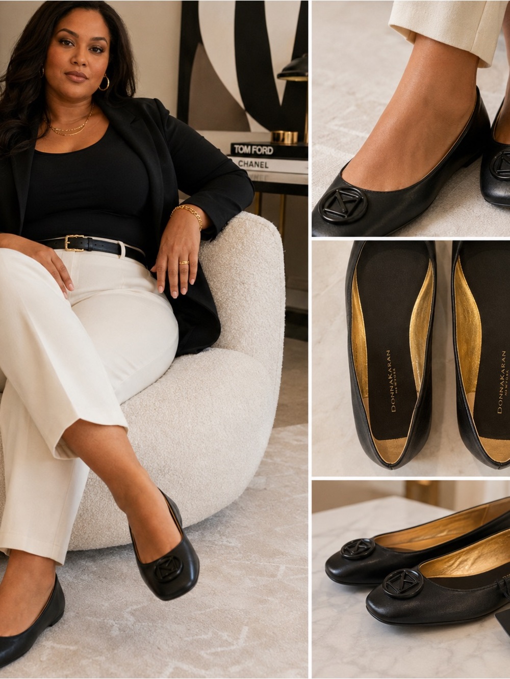 Donna Karan New York Size 10 NWT Black Leather Logo Ballet Flats